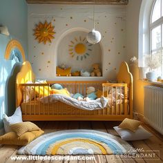 a baby's room with yellow and blue decor, including a crib bed