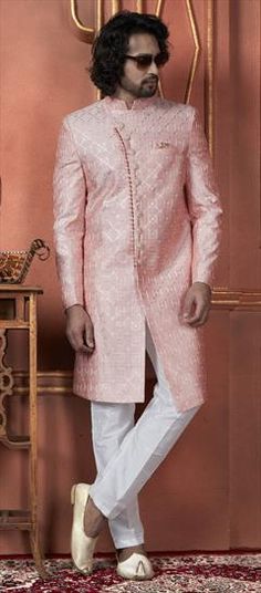 Pink and Majenta color Sherwani in Art Silk fabric with Embroidered, Sequence, Thread work Luxury Pink Ceremonial Sherwani, Luxury Pink Sherwani With Zari Work, Wedding Sherwani, Wedding Pink, Sequence Work, Silk Wedding, Color Art, Thread Work, Silk Fabric