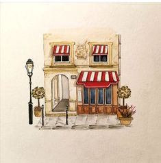 a watercolor painting of a storefront with red awnings and flowers on the sidewalk