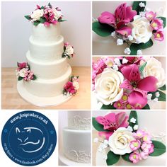 there are four different pictures of a wedding cake with flowers on the top and bottom