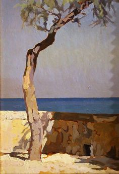 an oil painting of a tree by the ocean