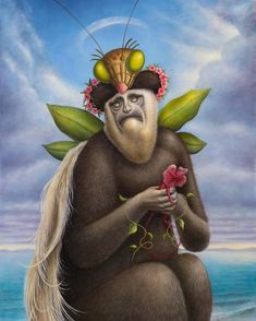 a painting of a monkey with flowers on its head holding a flower in front of the ocean