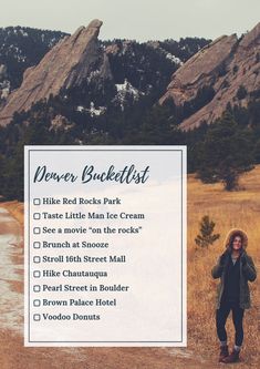 a person standing on a dirt road with mountains in the background and a sign that says denver bucketlist