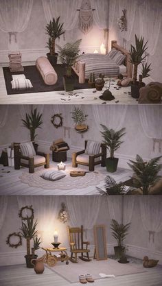 three different views of a living room with couches, chairs and potted plants