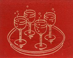 four wine glasses are sitting on a red tray with bubbles in them and the bottom one is empty