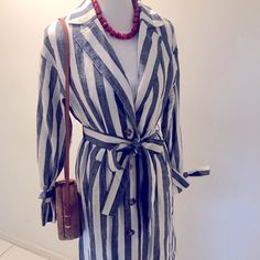 Smart & Classy J.O.A. For Anthropologie Blue & White Dress . Button Down The Front Tie At The Waist . Long Sleeves Tie At The Wrist Of Sleeves Bust Us 20 Inches Across Length Is 44 Inches Long New With Tags ! Chic Striped Linen Dress, Chic Striped Button-up Dresses, Chic Striped Dress With Button Closure, Striped Dress With Button Closure For Day Out, Blue Linen Button-up Dresses, Black Tiered Skirt, T Shirt Knot, Kelly Green Dresses, Blue White Dress