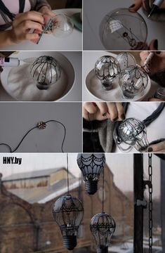 several pictures of different types of light bulbs hanging from the ceiling and being used to make chandeliers