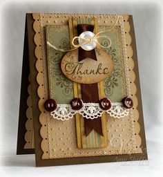 a handmade thank card with lace and ribbon