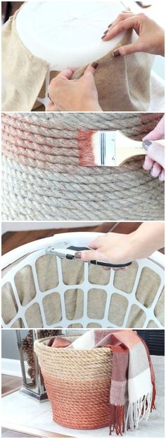 three pictures showing how to make a wicker basket out of an old chair seat