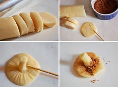 four pictures showing how to cut up bananas