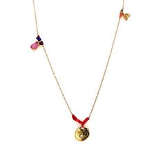 This 10kt yellow gold chain is linked with multi-color waxed nylon sections and assorted beads in festive colors, along with tiny treasure charms. A petite diamond studded 10mm medallion hangs in the center, 5mm rainbow charm with 6 sparkling diamonds, a 5mm luna crescent charm dance up 1 side of a delicate cable chain and a pear shaped pink tourmaline charm and fairy tinsel complete this truly unique piece, necklace measures 16" total length. Designer: Scosha, created in Brooklyn. Bohemian Yellow Gold Necklace With Charms, Rainbow Beaded Jewelry, Diamond Charm Necklace, Diamond Charm, Tiny Treasures, Yellow Gold Chain, Sparkle Diamonds, Pink Tourmaline, Diamond Studs