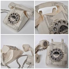 four different pictures of an old phone made out of newspaper strips and paper machs