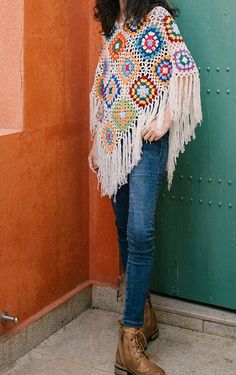 Crochet Granny Square Poncho, Crochet Poncho With Sleeves, Granny Square Poncho, Poncho With Sleeves, Poncho Pullover, Boho Poncho, Red Fringe, Ladies Poncho, Fringed Poncho