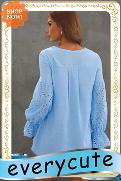 Sky Blue Eyelet Sleeve V Neck Blouse Blue Solid Color Blouse For Fall, Light Blue Long Sleeve Blouse Solid Color, Light Blue Long Sleeve Solid Blouse, Light Blue Long Sleeve Solid Color Blouse, Blue V-neck Blouse For Brunch, Light Blue Long Sleeve Blouse For Brunch, Blue Solid Color Blouse For Day Out, Light Blue Blouse For Fall Brunch, Light Blue Blouse For Brunch In Fall