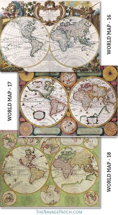 three maps showing the world in four different sections, one with an upside down view