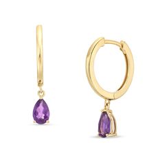 Sparkling and bright, these amethyst drop earrings make an elegant statement. 10K gold. Each hoop-style earring features a 6.0 x 4.0mm pear-shaped amethyst drop. Hinged backs. Yellow Gold Gemstone Dangle Huggie Earrings, Yellow Gold Dangle Huggie Earrings With Gemstones, Yellow Gold Amethyst Teardrop Earrings, Fine Jewelry Teardrop Gemstone Hoop Earrings, Teardrop Gemstone Hoop Earrings In Fine Jewelry Style, Elegant Amethyst Dangle Hoop Earrings, 10k Gold, Pear Shaped, Pear