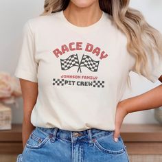 Gear up for a day at the races with our personalized matching pit crew shirts! Perfect for adding a touch of unity and style to your racing adventures, each shirt can be customized with your family name. Whether you're cheering from the stands or supporting your favorite racer, these shirts are a must-have for any racing enthusiast family. 🏁 If you would like to order multiple shirts please be sure to add all shirts to your cart BEFORE check out. This will ensure all of your shirts ship togethe Pit Crew Family Shirts, Racing Team Name Black T-shirt, Racing Style Cotton T-shirt With Letter Print, Racing Style Graphic Print T-shirt For Fans, Pit Crew Shirts, Race Car Tee Shirt, Black Racing Fan Merchandise T-shirt, Pit Crew, Day At The Races