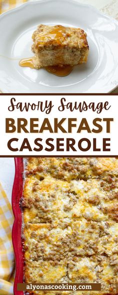 sausage breakfast casserole on a white plate with the title above it in red and yellow