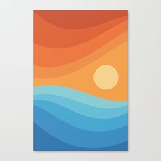 an orange and blue poster with the sun in the sky above water on a white background