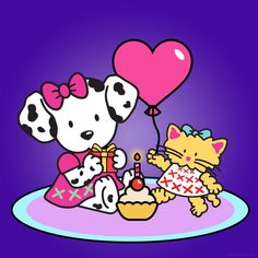 two cartoon dogs and a cat eating cake with a heart shaped balloon in the background