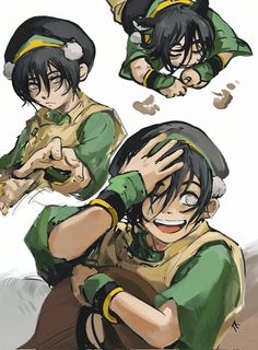 an anime character with black hair and green clothes