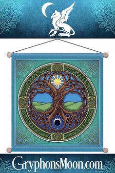 a blue and green banner with an image of a tree in the center, surrounded by celtic symbols