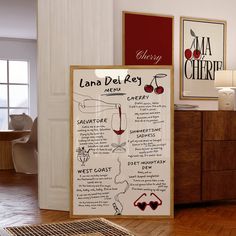 a menu board in the middle of a room with wood flooring and white walls