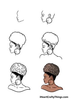 four different types of afro hair are shown in black and white, with one woman's head tilted to the side