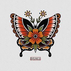 an orange and black butterfly with flowers on it's wings, in the shape of a