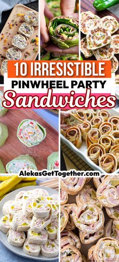 several pictures of sandwiches and other food items with the words, 10 irresistiblely pinwheel party sandwiches