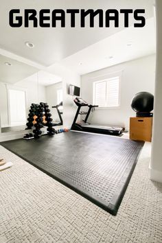 Greatmats black staylock bump top tiles installed over white carpet in home gym Home Gym Floor Over Carpet, Home Pilates Studio Design, Home Gymnastics Room, Home Gym Carpet, Floor Over Carpet, Flooring Over Carpet, Small Basement Gym, Basement Workout Room, Workout Room Flooring