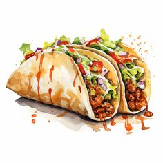 three tacos with meat, lettuce and tomato sauce on white background watercolor painting