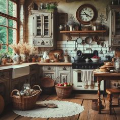 a kitchen filled with lots of pots and pans on top of a wooden floor