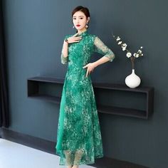 Trendy Fashion Elegant Chinese Embroidery Lace Long Dress Cheongsam Qipao Gown Evening Dress, Fashion Women's Dresses Qipao Gown, Lace Long Dress, Chinese Traditional Dress, Chinese Embroidery, Lace Dress Long, Dress Satin, Embroidery Lace, Cheongsam, Retro Dress