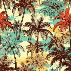 a tropical palm tree wallpaper with blue, yellow and red colors in the background