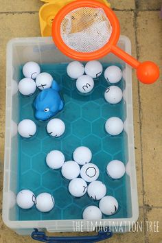 a plastic container filled with balls and a net