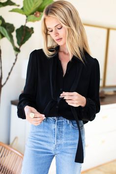 Frankie Blouse - Black Crepe - Emerson Fry Emerson Fry, Viscose Rayon, Black Blouse, Length Sleeve, Full Length, Top Shirt, Long Sleeve Blouse, Women's Top, How To Wear