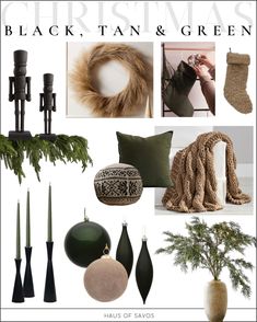 a collage of black, tan and green items including stockings, candles, vases