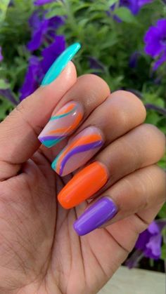 Bright Spring Acrylic Nails, Summer Nail Designs 2024 Square, Groovy Nails Art Designs, Groovy Nails Acrylic, Purple Design Nails, Purple And Orange Nails, Negative Space Manicure, Groovy Nail Art, Groovy Nails