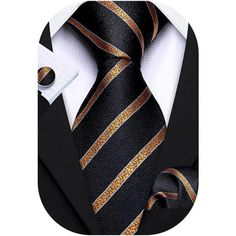 Silk Imported Tie Closure Hand Wash Only Perfect Collocation-Necktie+Handkerchief+Cufflinks, Easy-Matching For All Dress Shirt And Suit! Normal Size-3.35 Inches*59 Inches Of Tie; 9 Inches X 9 Inches Of Pocket Square,Best Size For Men. Excellent Material-Stainless Steel For Cufflinks& Silk For Tie And Hanky,1200 Stiches Woven Craft To Guarantee Durability And Wearability.You Can Feel The Different Texture On It. Classic Design-Stripe Mixes Business And Pleasure Which Makes Men More Attractive And Gold Cufflinks For Black Tie Events, Dapper Gold Tie For Business, Party Suit And Tie Accessories For Father's Day, Gold Suit And Tie Accessories For Business, Black Ties For Party On Father's Day, Black Tie For Party On Father's Day, Black Party Ties For Father's Day, Black Tie For Party And Father's Day, Black Formal Ties For Father's Day