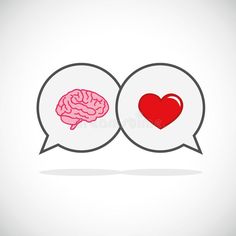 two speech bubbles with a heart and a brain inside