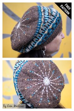 two pictures of a woman wearing a knitted hat with snowflakes on it