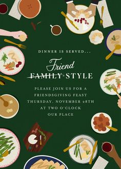 a green dinner party flyer with people eating and serving food on plates, in the middle of