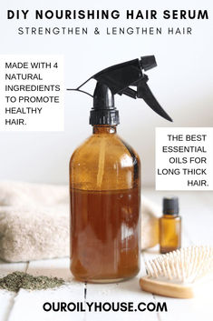 DIY nourishing hair serum to strengthen & lengthen hair. Homemade Hair Serum, Homemade Conditioner, Hair Lengthening, Hair Recipes, Coconut Oil Hair Mask, Ayurvedic Hair