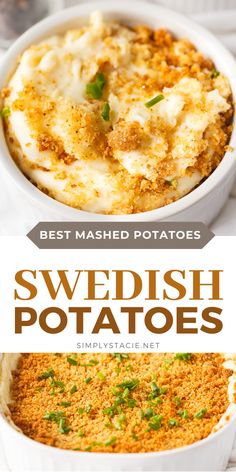 swedish potato casserole with mashed potatoes in it and the title overlay reads best mashed potatoes