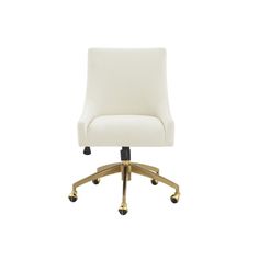 a white office chair with gold wheels and casteors on an isolated white background, viewed from the front