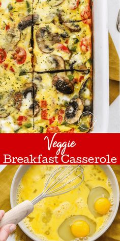 an egg and cheese casserole in a white dish with the words vega breakfast casserole