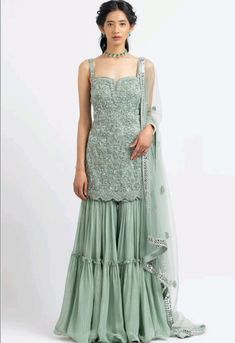 Wedding Dress Big Bust, Layered Sharara, Green Sharara, Gharara Designs, Silk Kurti Designs, Desi Dress, Kurta Sharara