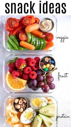 two plastic containers filled with food and the words healthy meal prep snack ideas on top