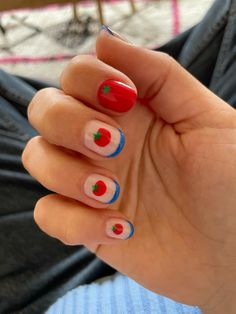 Short Nails Art Simple, Fun Nails Colorful, Tomato Manicure, Non Gel Nail Designs, Easy Colorful Nails, Red Blue Yellow Nails, Food Nail Designs, Italian Nail Designs, Tomato Nail Art